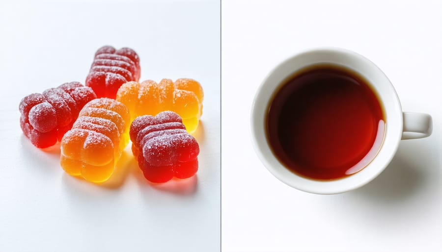 Visual comparison of CBD gummies and a steaming cup of CBD-infused tea