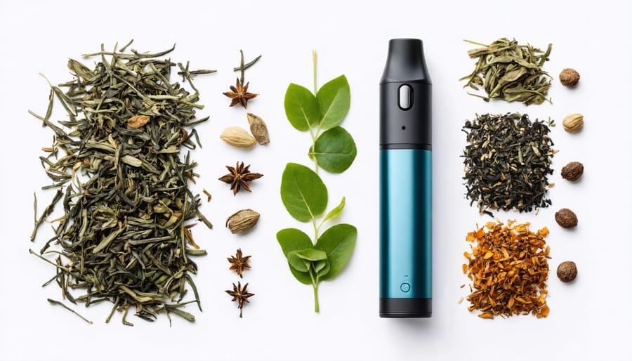 Dried herbal tea leaves displayed beside a vape device